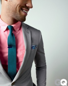Pink shirt+Turquoise tie, tuned down with grey jacket